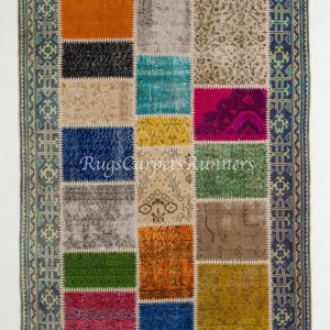 Nowoczesny turecki dywan patchworkowy z wzorem border, ręcznie robiony kolorowy wełniany dywan w stylu boho. NC1235 zdjęcie 2