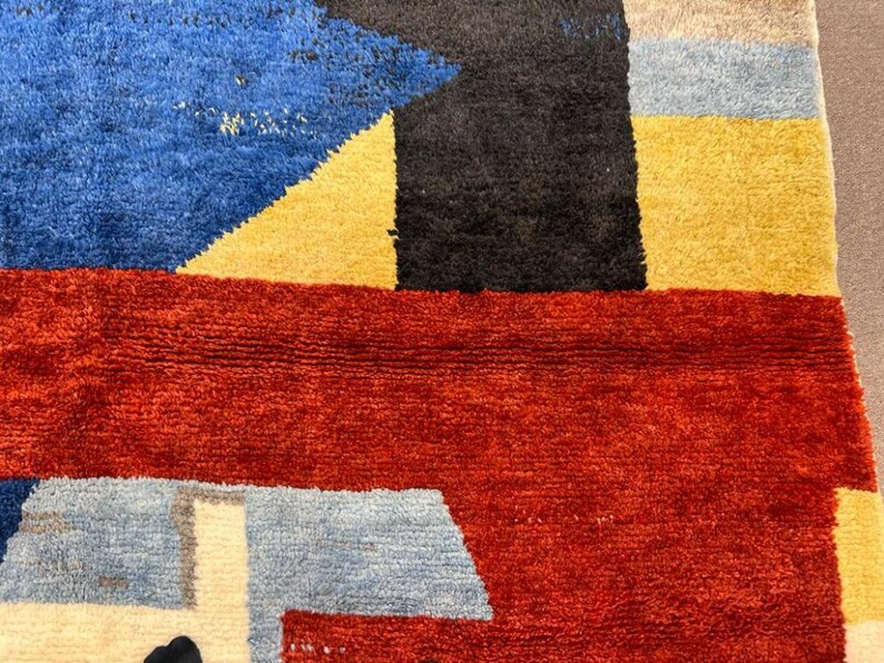 Contemporary Abstract Hand-Knotted Rug in Red, Blue, and Black Wool, Custom Made. NT128 image 9