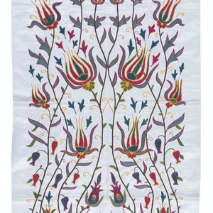 22&quot;x43&quot; Embroidered 100% Silk Wall Hanging, Suzani Wall Decor, Handmade Tablecloth, Contemporary Tapestry. NRS169