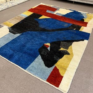 Contemporary Abstract Hand-Knotted Rug in Red, Blue, and Black Wool, Custom Made. NT128 image 6