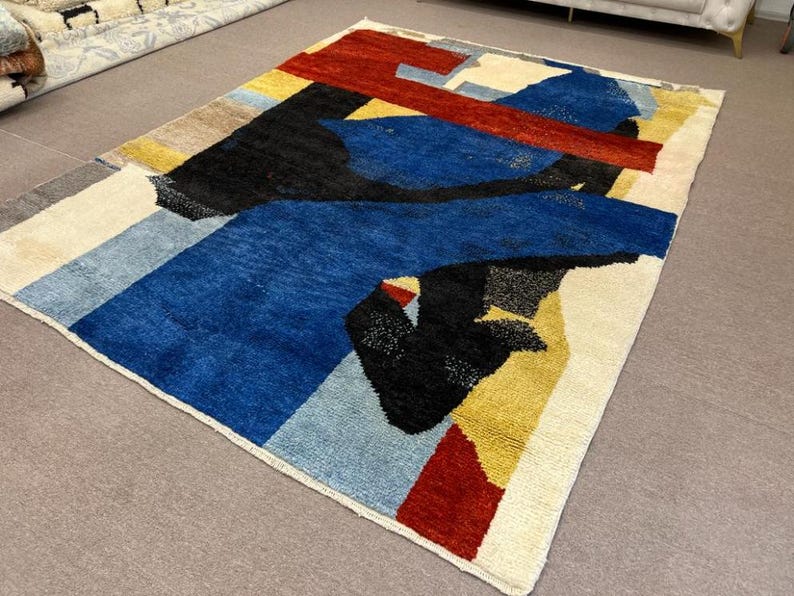 Contemporary Abstract Hand-Knotted Rug in Red, Blue, and Black Wool, Custom Made. NT128 image 6