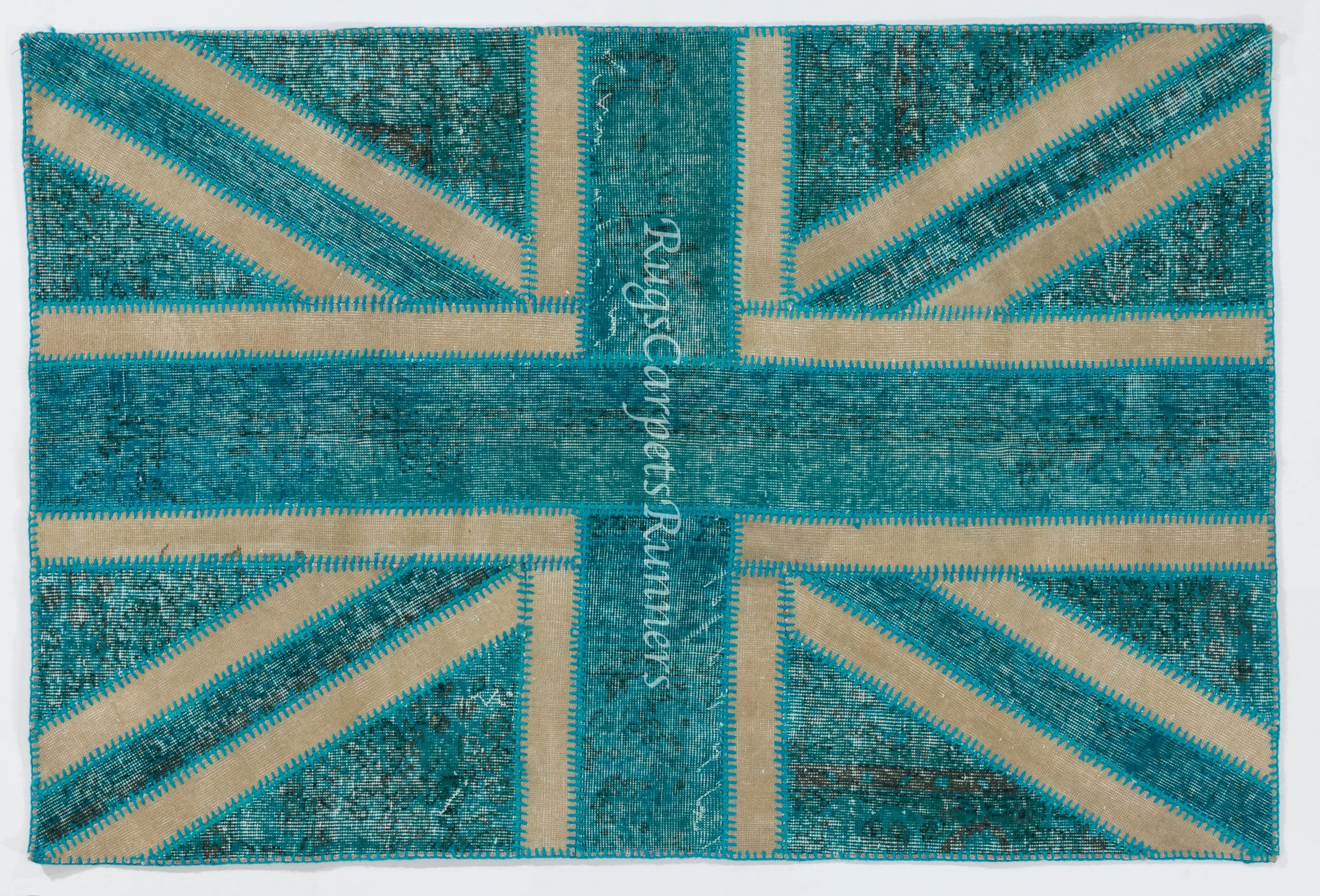 Modern Handmade Patchwork Rug in Teal Blue. Union Jack British Flag ...