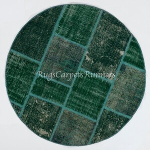 Round Modern Handmade Patchwork Rug in Green Colors, Circle Turkish Carpet. Living Room Area Rug. ND392