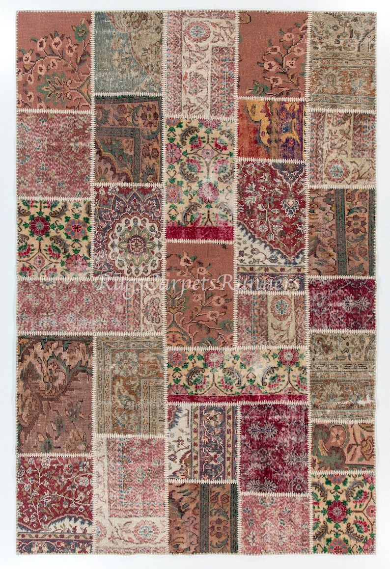Authentic Handmade Patchwork Rug, Modern Wool and Cotton Turkish Carpet ...