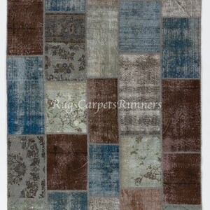 Patchwork Modern Rug  in Blue, Gray, Green and Brown Tones, Handmade from Re-Dyed Vintage Carpets. ND386