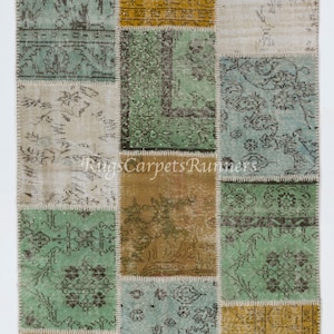 Modern Handmade Patchwork Rug in Yellow, Blue, Green and Beige. Wool and Cotton Turkish Carpet. Custom Colors & Sizes Available. ND397