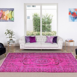 5.7x9.6 Ft Fuchsia Pink Over-Dyed Rug, Vintage Handmade Turkish Carpet for Modern Living Room and Office Decor. NTEK0799