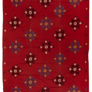 6.7x8.7 Ft Decorative Silk Embroidery Wall Hanging, Vintage Asian Bedspread, Suzani Textile Tablecloth, Red Sofa Throw. NS117
