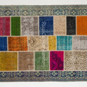 Nowoczesny turecki dywan patchworkowy z wzorem border, ręcznie robiony kolorowy wełniany dywan w stylu boho. NC1235 zdjęcie 7