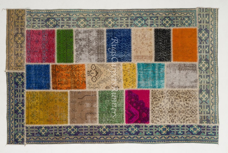 Nowoczesny turecki dywan patchworkowy z wzorem border, ręcznie robiony kolorowy wełniany dywan w stylu boho. NC1235 zdjęcie 7