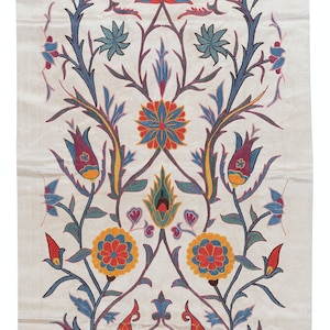 21&quot;x41&quot; Contemporary 100% Silk Wall Hanging with Floral Design, Embroidered Uzbek Tapestry, Uzbek Wall Decor, Suzani Throw. NRS161