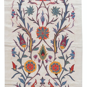 21"x41" Contemporary 100% Silk Wall Hanging with Floral Design, Embroidered Uzbek Tapestry, Uzbek Wall Decor, Suzani Throw. NRS161