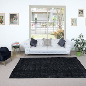 6.4x9 Ft Plain Black Area Rug, Ideal for Modern Interiors, Handknotted and Handwoven in Isparta, Turkey. NTEK1086