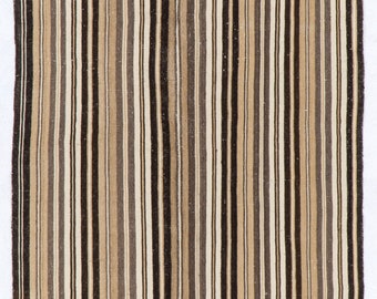 5.2x7.8 Ft Hand-woven Vintage Turkish Kilim Rug (Flat-weave) with Striped Design, All Wool. NC906