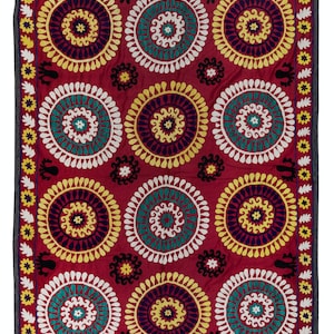 4.7x6.4 ft Vintage Silk Embroidery Wall Hanging, Uzbek Suzani Bed Cover, Red Tablecloth, Unique Colorful Throw, Wall Decor Fabric. NRS201