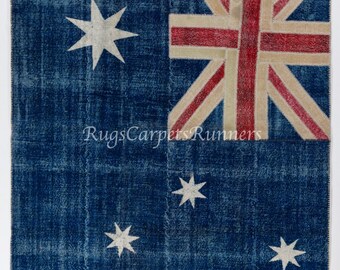 Modern Handmade Patchwork Rug with Australian Flag Design, Wool and Cotton Turkish Carpet. Custom Colors & Sizes Available. ND553