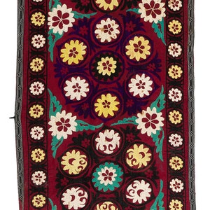 2x14 Ft Handmade Suzani Table Runner, Silk Embroidery Wall Hanging, Dark Red Table Cover, Long Runner Throw. NRS52