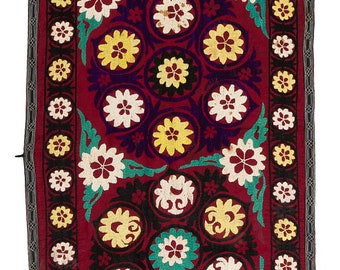 2x14 Ft Handmade Suzani Table Runner, Silk Embroidery Wall Hanging, Dark Red Table Cover, Long Runner Throw. NRS52