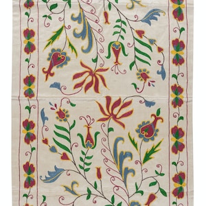 20&quot;x40&quot; Modern 100% Silk Embroidered Suzani Textile Wall Hanging, New Uzbek Table Cover with Floral Design. NRS164