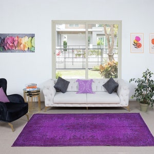 5.8x10 Ft Handmade Turkish Rug in Purple for Bedroom Aesthetic, Modern Living Room Carpet. NTEK0903