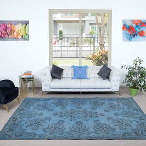 7x10.6 Ft Light Blue Modern Area Rug, Large Overdyed Carpet, Handmade Turkish Living Room Carpet, Woolen Floor Covering. NTEK1261