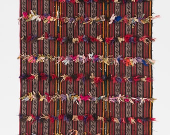 4.7x8.2 Ft Banded Tribal Kilim Rug with Colorful Poms. NG91