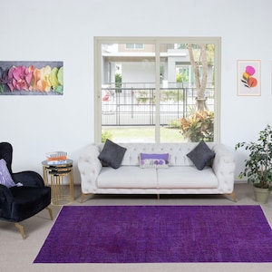 5.3x8.6 Ft Dark Purple Handmade Room Size Area Rug. Modern Turkish Carpet. Floral Pattern Rug for Living Room. NTEK1586