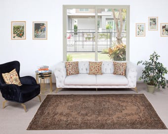 5.7x9 Ft Handmade Turkish Wool Area Rug | Vintage Overdyed Brown Rug for Modern Home | NTEK2411