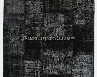 Handmade Patchwork Rug for Modern Interiors, Black Turkish Carpet for Living Room Decor. ND92