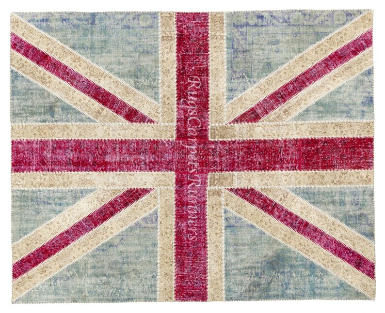 Modern Handmade Patchwork Rug With Union Jack British Flag Design, Wool