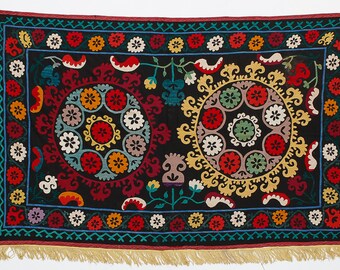 3.8x6 Ft Silk Embroidery Wall Hanging, Boho Wall Decor, Needlework Tapestry, Uzbek Throw, Traditional Tablecloth. NS97