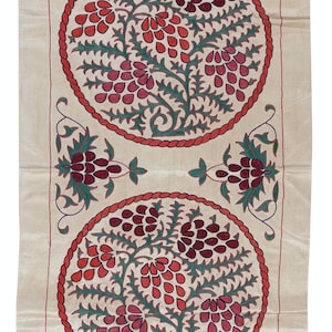 21&quot;x42&quot; Embroidered 100% Silk Wall Hanging, Suzani Wall Decor, Handmade Tablecloth, Contemporary Tapestry. NRS159