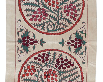 21"x42" Embroidered 100% Silk Wall Hanging, Suzani Wall Decor, Handmade Tablecloth, Contemporary Tapestry. NRS159