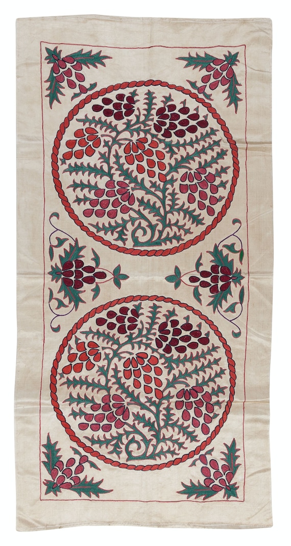 21 x42 Embroidered 100 Silk Wall Hanging Suzani Wall Decor Handmade Tablecloth Contemporary Tapestry. NRS159