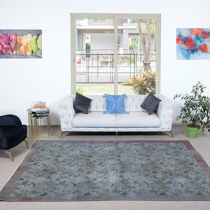 7x10.4 Ft Handmade Flower Design Turkish Area Rug with Solid Red Border & Light Blue Background, Decorative Vintage Carpet. NTEK1278