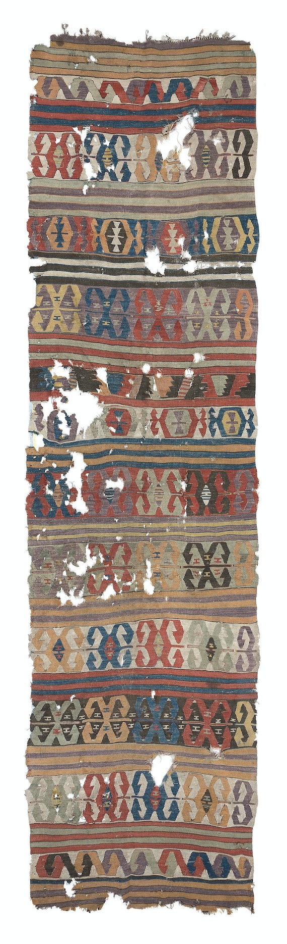 3.5x12.7 Ft Antique Anatolian Karapinar Fragment Kilim, 18th