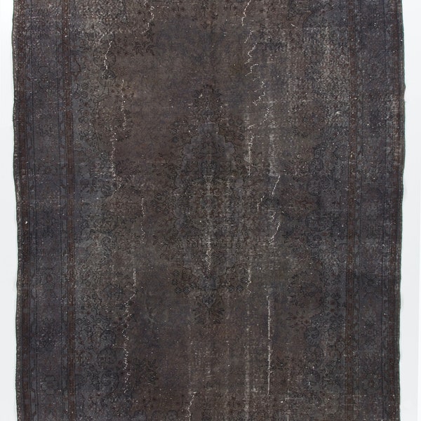 7x11 Ft Vintage Medallion Design Handmade Turkish Rug Over-Dyed in Charcoal Gray Color, Great for Modern Interiors. NY618