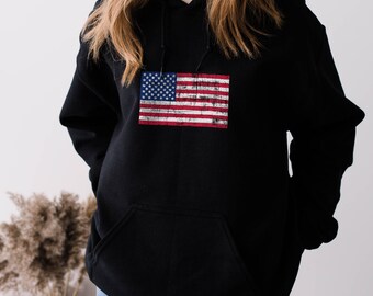 Worn American Flag Heavy Blend Hooded Sweatshirt, Patriot Unisex Hoodie, Conservative Women Sweater, Gift for Her