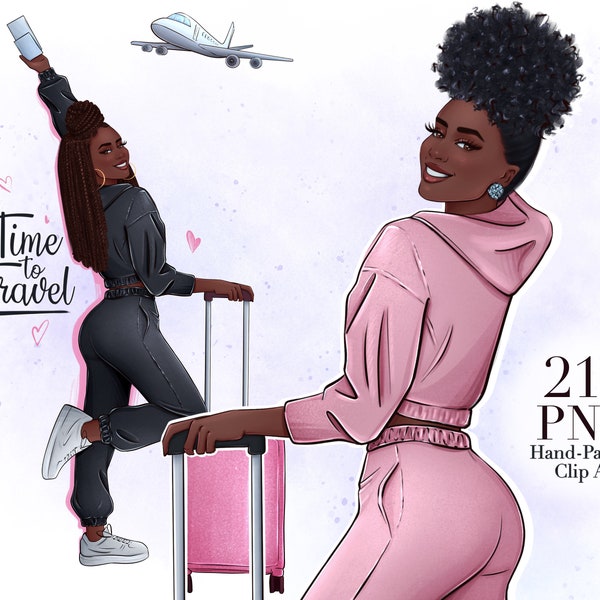 African American Travel Girl ClipArt, Black Girl Travel Clipart, Fashion Girl ClipArt, digitale stickers, digitale planner stickers
