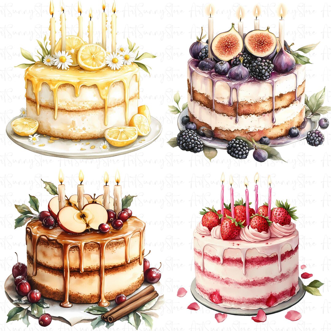 24 Birthday Cake Watercolor Clipart Set, Elegant Chocolate, Fruit ...