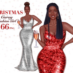 Christmas African American Curvy Fashion Girl Clip Art, Planner Girl Clipart, Fashion Girl Planner, Plus Size Girls