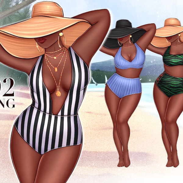 African American Swimwear Curvy Girls Clipart, Beach Girls clipart, Summer girls clipart, Fashion girl clipart, Beach time clipart