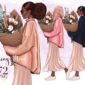 African American Sting Girl with flowers, Fashion illustrations, Street Fashion Girl, Planner Clipart, Dress girl clipart,