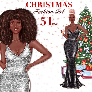 Christmas African American Fashion Girl Clip Art, Planner Girl  Clipart, Fashion Girl Planner, Christmas outfit