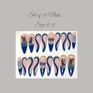 Blue Tips and Swirls with Butterflies Press-On Nail Set - Long Almond (Size 0-8)