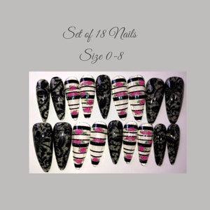 Black Stripes, Roses, and Lace Press-On Nail Set - Long Almond (Size 0-8)