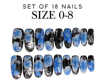 Black & Blue Floral Press-On Nails, Long Round Nail Set