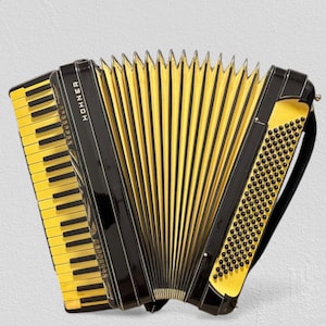 Hohner Tango V アコーディオン – 140 ベース、41 鍵 – ヴィンテージ ブラック & イエロー デザイン (1950 年代)