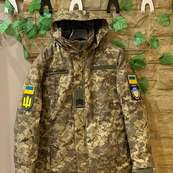 Military camouflage pea coat of the Ukrainian Army Pixel mm-14, Winter combat jacket with hood, Tactical jacket, Ukrainian uniform