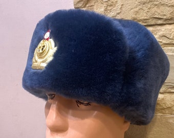 Czapka futrzana Vintage Officer – zimowa ciepła czapka – kolor niebiesko-szary